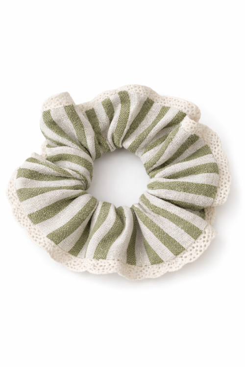 Gumka scrunchie z koronką, LINEN GREEN