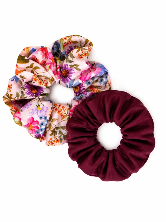 Gumki scrunchie z jedwabiem, FLORAL BLUE SPRING + bordo