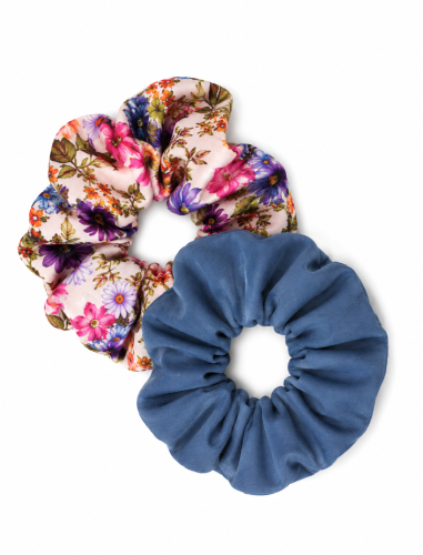 Gumki scrunchie z jedwabiem, FLORAL BLUE SPRING + niebieski