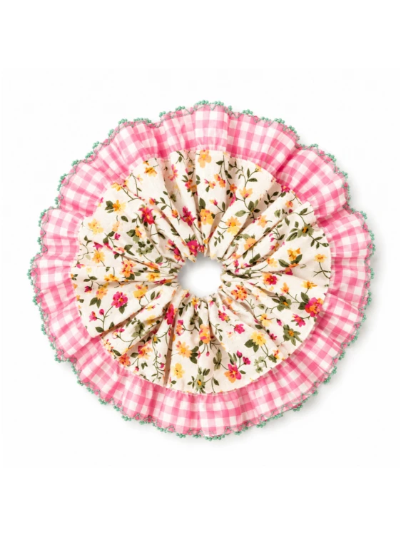 Ozdobna gumka scrunchie z koronką, PINK BOUQUET
