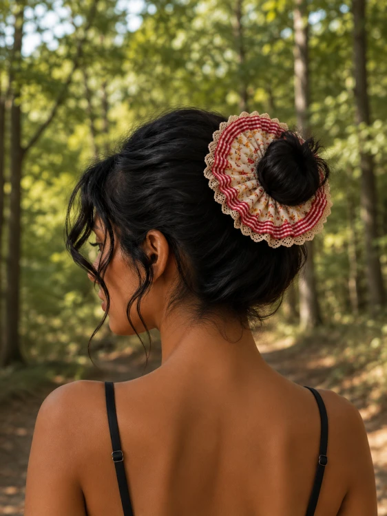 Ozdobna gumka scrunchie z koronką, RED-YELLOW BOUQUET
