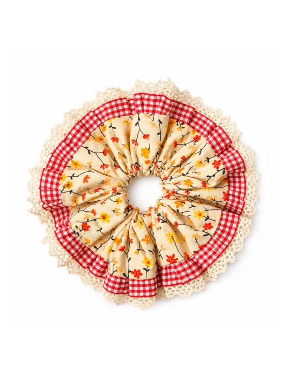 Ozdobna gumka scrunchie z koronką, RED-YELLOW BOUQUET