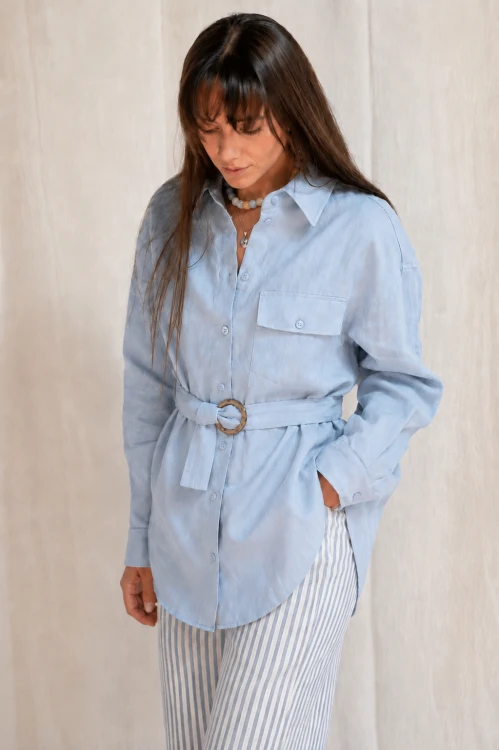 Koszula lniana z paskiem, AMELIA SKY BLUE