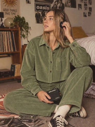 Koszula sztruksowa krótka, AMELIA, SAGE OLIVE GREEN