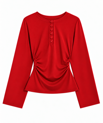 Gładki longsleeve zapinany na guziki, ELISE FIERY RED
