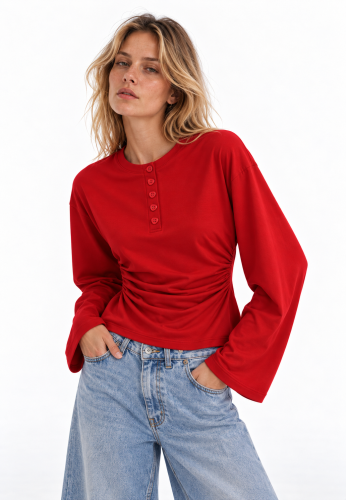 Gładki longsleeve zapinany na guziki, ELISE FIERY RED