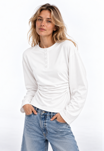 Gładki longsleeve zapinany na guziki, ELISE PURE WHITE